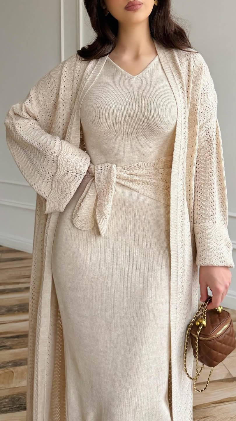 2-teiliges Strick-Set: Kleid & Cardigan mit Gürtel