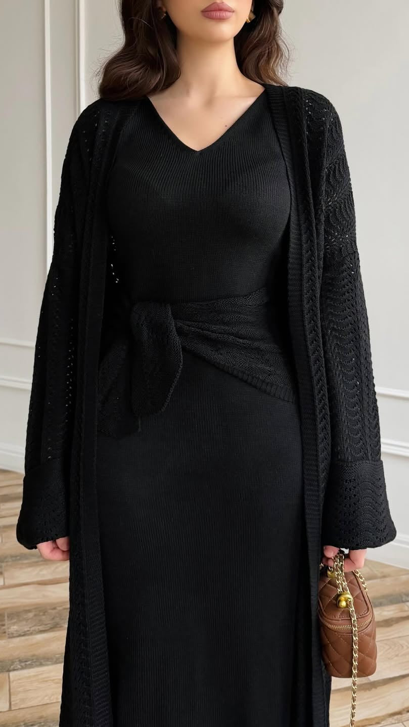 2-teiliges Strick-Set: Kleid & Cardigan mit Gürtel