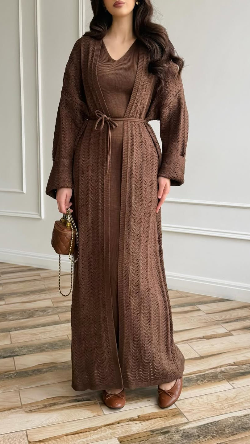 2-teiliges Strick-Set: Kleid & Cardigan mit Gürtel