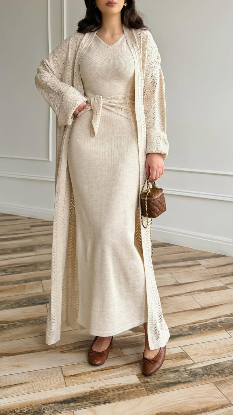 2-teiliges Strick-Set: Kleid & Cardigan mit Gürtel