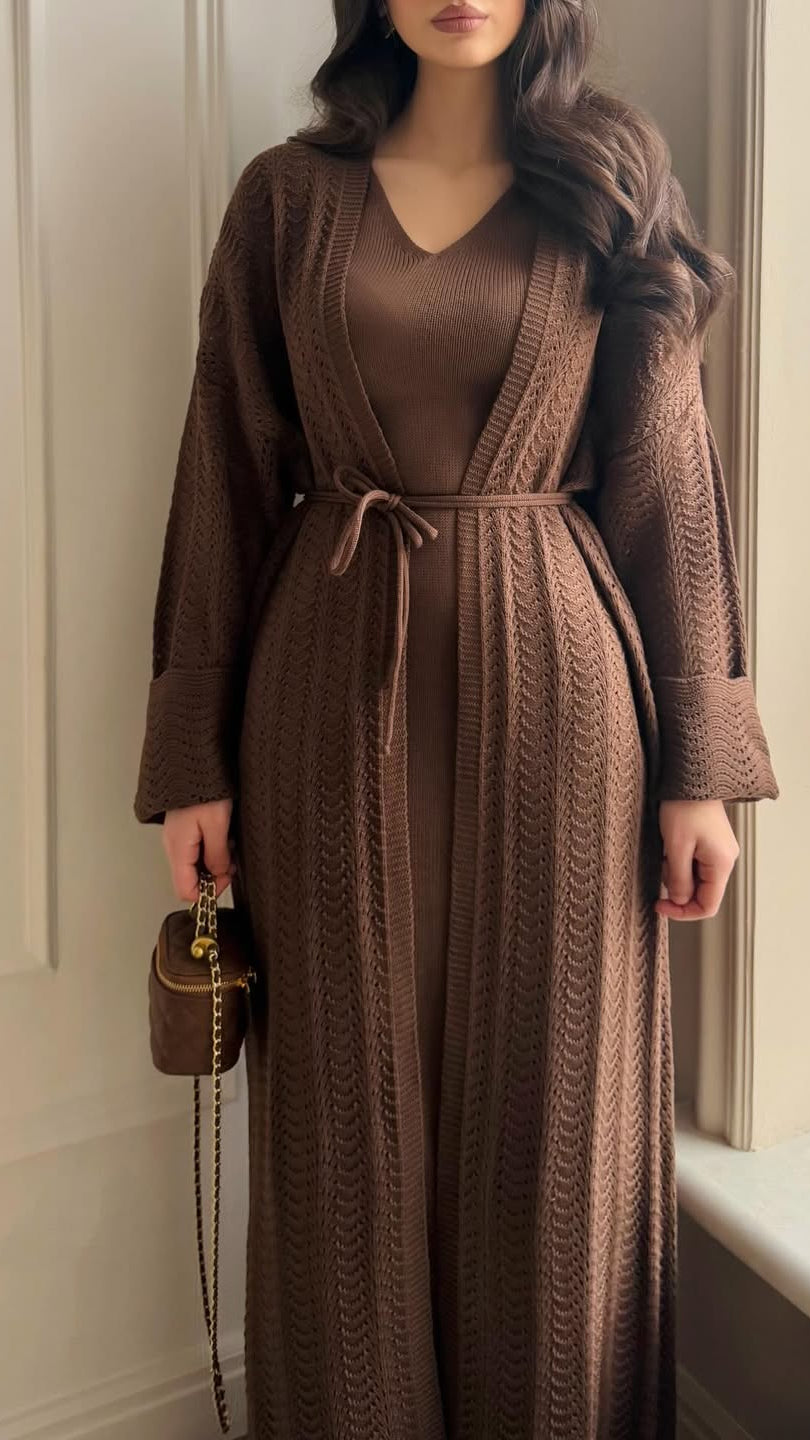 2-teiliges Strick-Set: Kleid & Cardigan mit Gürtel